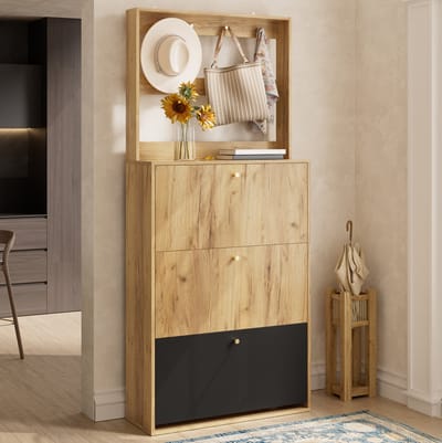 Schoenenkast - Staand Model Met 3 Klapvakken En Haken - Smalle Opberger Voor Hal En Entree - Spaanplaat - Zwart En Naturel - 75 x 24 x 180 Cm