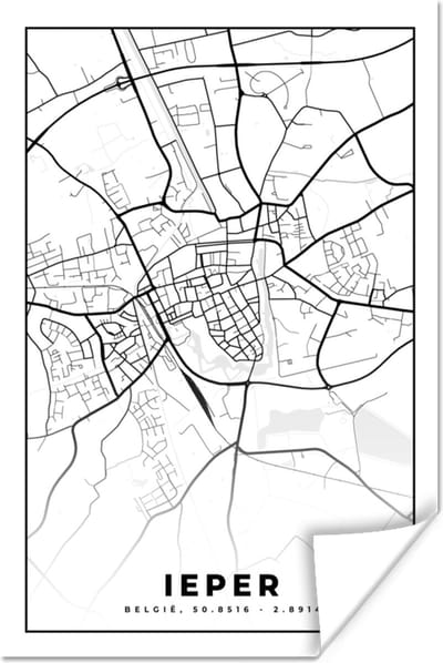 Poster Stadskaart – Plattegrond – België – Zwart Wit – Ieper – Kaart - 120x180 cm XXL