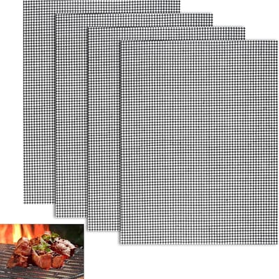 GELLDG 4 stuks BBQ-mat - 40 x 33 cm - Antiaanbak BBQ-mat - Herbruikbaar - Hittebestendig - Geschikt voor gasbarbecues, houtskoolbarbecues, elektrische barbecues en airfryers - Zwart