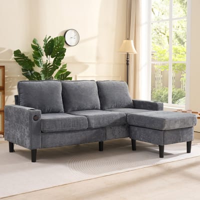 REDOM - Hoekbank Met Voetenbank, Bekerhouders En USB-C-Aansluiting - Modern - Voor Woonkamer - Linnen - Grijs - 202 x 137 x 80 cm