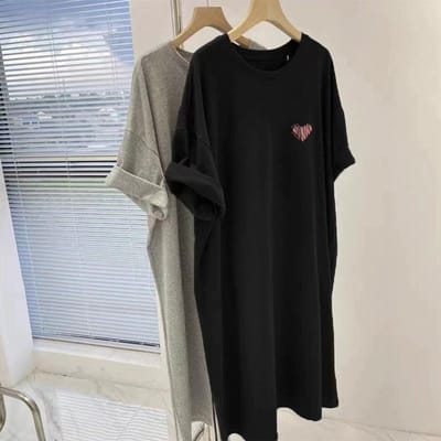 T-shirtrok van puur katoen voor dames, zomer, grote maat, losvallend, medium en lang, T-shirt met korte mouwen, top, temperamentvol, dun, knielengte jurk 3XL gray