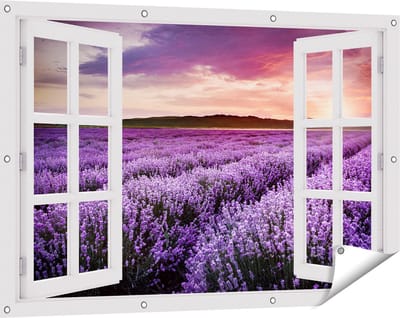 Gards Tuinposter Doorkijk Bloemenveld met Paarse Lavendel - Bloemen - 120x80 cm - Tuindoek - Tuindecoratie - Wanddecoratie buiten - Tuinschilderij
