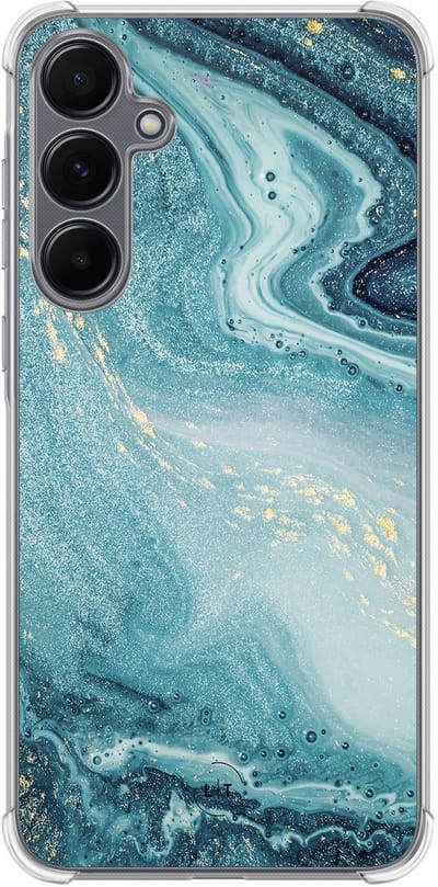 Shockproof hoesje - Geschikt voor Samsung Galaxy A35 - Marmer blauw - Extra sterke case - TPU/polycarbonaat - Marmer - Blauw, Transparant