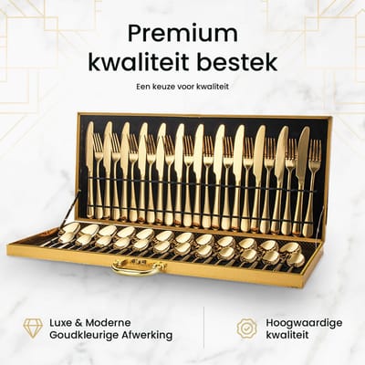 MIRO® Gouden Bestekset 48 Delig- 12 Personen - Mes/Vork/Lepel - Roestvrij Staal - Inclusief Koffer - Feestdagen - Kerst 2025 - Goud