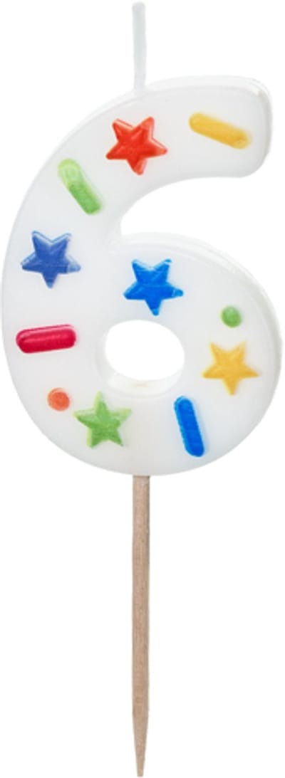 Cijferkaars 6 - Vrolijke confetti print - Taartkaars nummer 6 - Geschikt voor taart, cupcake, etc