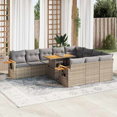 vidaXL - 11-delige - Tuinset - met - kussens - poly - rattan - acacia - beige