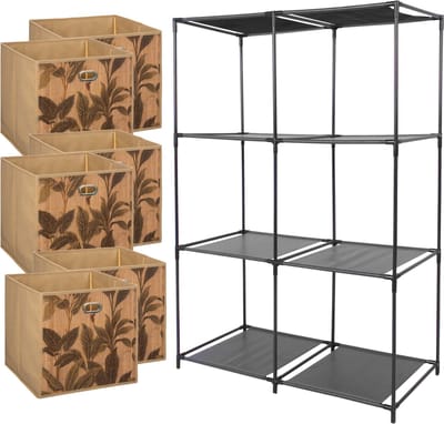 5Five Kastmandjes/opberg manden - lichtbruin print - 6x van 29 Liter - Metalen rekje is 68 x 104 cm