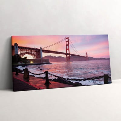 Wallfluent Foto Op Canvas Uitzicht op de Golden Gate Bridge - 100 x 50 cm - Roze Schilderijen Op Canvas Doek - Fotografie Canvas Foto - Natuur Schilderij Op Doek - Fotografie Canvas Schilderij