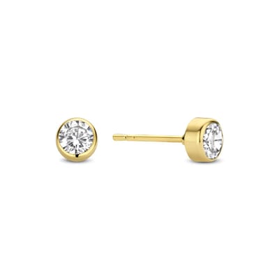 New Bling 9NBG-0460 Gouden Oorknopjes - Dames - Zirkonia - In Rond Kastje Gezet - 4 mm Doorsnee - 14 Karaat - Goud