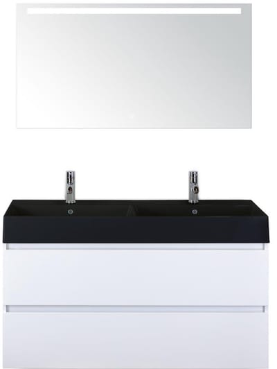 Maxx XL Badmeubelset 120 cm - Wit Hoogglans - Wastafel Kube Dubbel Zwart 2 Kraangaten met LED Spiegel