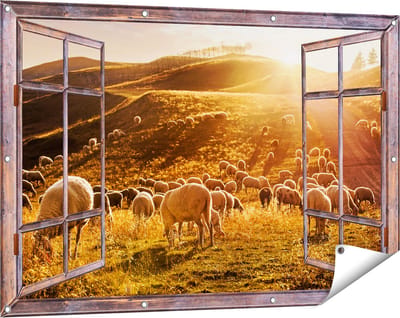 Gards Tuinposter Doorkijk Schapen in de Heuvels bij Zonsondergang - 120x80 cm - Tuindoek - Tuindecoratie - Wanddecoratie buiten - Tuinschilderij