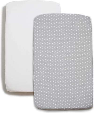2-delige Beddengoed Set 90x50 | 2 Hoeslakens 100% Katoen | voor Wiegjes en Babybedjes | Set van Wit + Grijs met Witte Stippen Hoeslaken