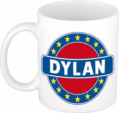 Bellatio Decorations - Dylan voornaam - koffiemok - beker - wit/blauw - 300 ml - Cadeau - Heren - Collega - Vaderdag - Verjaardag
