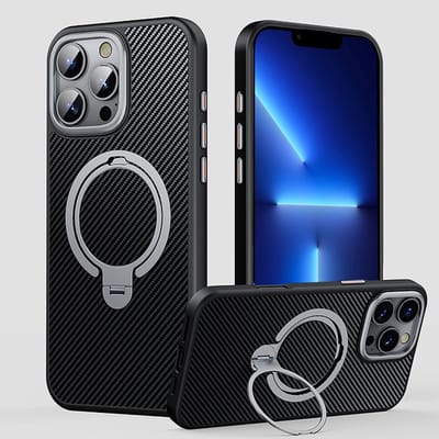 Hoesje geschikt voor iPhone 13 Pro Magsafe hoesje met Carbon uitvoering - 360° Draaibare Magnetische Standaard - Back Cover Kickstand Ring – Zwart