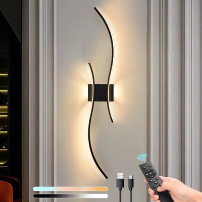 Rosnek Draadloze Wandlamp Oplaadbaar – Instelbare Kleurtemperatuur & Helderheid, Afstandsbediening met USB-C - 15-55 uur Werking – Moderne LED Muurlamp met Dubbele Zijverlichting, Timer en Touch Bediening – Zwart Aluminium Design (Bol)