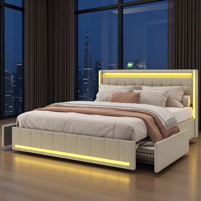 Gestoffeerd Bed 160x200 cm met LED-verlichting, USB-poorten en Opbergruimte - Tweepersoonsbed met 4 Laden en Lattenbodem - Linnen beige - zonder matras