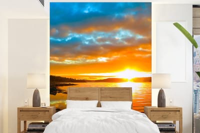 Behang - Fotobehang Zon - Landschap - Water - Bomen - Breedte 205 cm x hoogte 280 cm