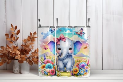 Tumbler met Anti-lekdop – Schattige Baby Olifant met Vlinders en Bloemen – Thermosbeker 600 ml – Vaatwasserbestendig – Cadeau voor Kinderen, Dierenliefhebbers & Meisjes – Trendy nu