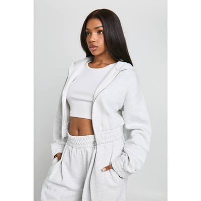 boohoo Dames Afgekorte hoodie met dubbele ritssluiting en ingetailleerde taille | Asgrijs | Maat: XS