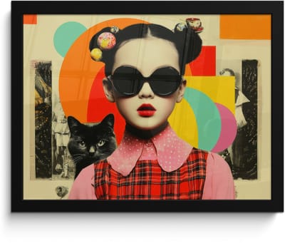 Poster in lijst - Fotolijst 40x30 cm - Posters - Meisje - Zonnebril - Kat - Retro - Posterlijst zwart - Decoratie - Wanddecoratie woonkamer - Muurdecoratie slaapkamer