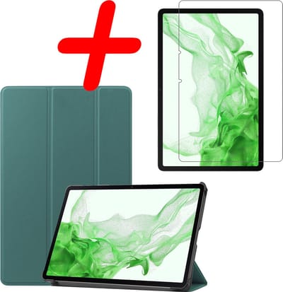 Hoesje Geschikt voor Samsung Galaxy Tab S8 Ultra - Met Screenprotector - Trifold Bookcase - Hard Cover - Hardcover Book Case - Tablet Hoes - Donkergroen