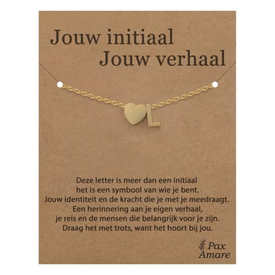Letter L Armband op Cadeau Kaartje - Jouw initiaal, jouw verhaal - 15,5cm + 5,5cm verstelbaar Goudkleurig Stainless Steel - Initiaal & Hartje Hanger - Pax Amare