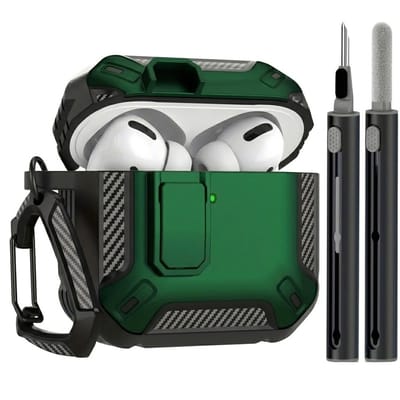 Groen hoesje voor oordopjes met cleaning kit – robuuste shockproof beschermhoes geschikt voor AirPods Pro 3 met clip en carbon look details