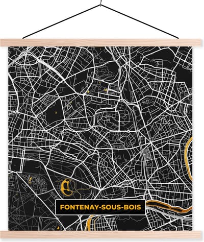 Posterhanger incl. Poster 40x40 cm - Schoolplaat - Frankrijk – Fontenay-sous-Bois – Stadskaart – Plattegrond – Kaart - Textielposter - Blanke latten - Stadskaart