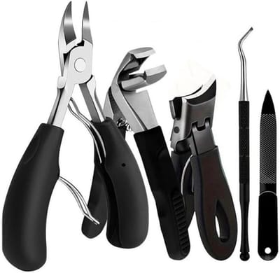 Nagelknipper - Pedicure-instrument van roestvrij staal - Set van zware nagelknippers - Inclusief nagelvijl - Nagelriemknipper en pedicure-instrument - Klassieke zwarte handvatten - Set van 5 - Voor ingegroeide nagels en dikke teennagels