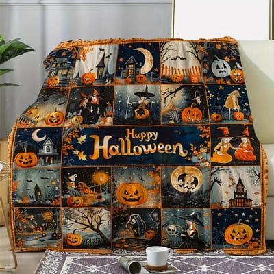 Vintage Halloween Thema Flanel Worpdeken - Pompoen Heks Digitale Print, Alle Seizoenen Knus Zacht Gebreid Deksel 70X100CM black