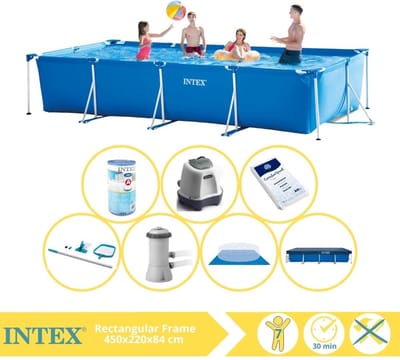 Intex Rechthoekig Frame Zwembad - 450 x 220 x 84 cm - Blauw - Inclusief Afdekzeil - Zwembadfilterpomp - Filter - Grondzeil - Schoonmaakset - Zoutwatersysteem - Zwembadzout - 8-delig