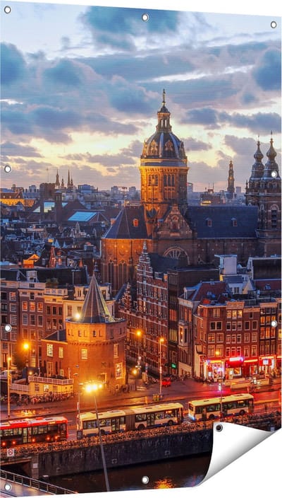 Gards Tuinposter Amsterdam Centrum Luchtfoto Zonsondergang - 80x120 cm - Tuindoek - Tuindecoratie - Wanddecoratie buiten - Tuinschilderij