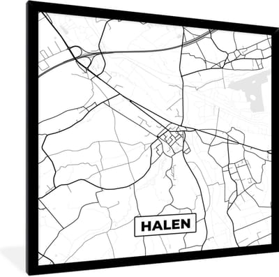 Fotolijst incl. Poster Zwart Wit- Kaart – Plattegrond – Stadskaart – Halen – België – Zwart Wit - 40x40 cm - Posterlijst