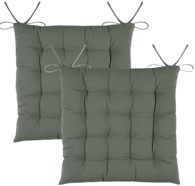 Stof Textile stoelkussens DUO - 2x - groen - 38 x 38 x 3.5 cm - touwtjes sluiting - zitkussens - binnen/buiten
