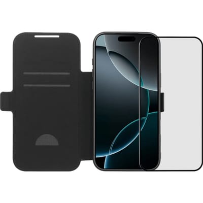 BlueBuilt Apple iPhone 17 Pro Max Book Case Leer Zwart + BlueBuilt iPhone 17 Pro Max Screenprotector Glas