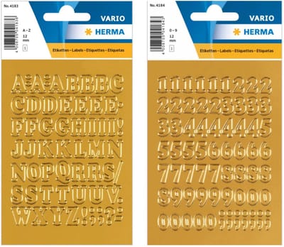 Herma stickervellen letters en cijfers - 2x vellen - goud - 12 mm - watervast