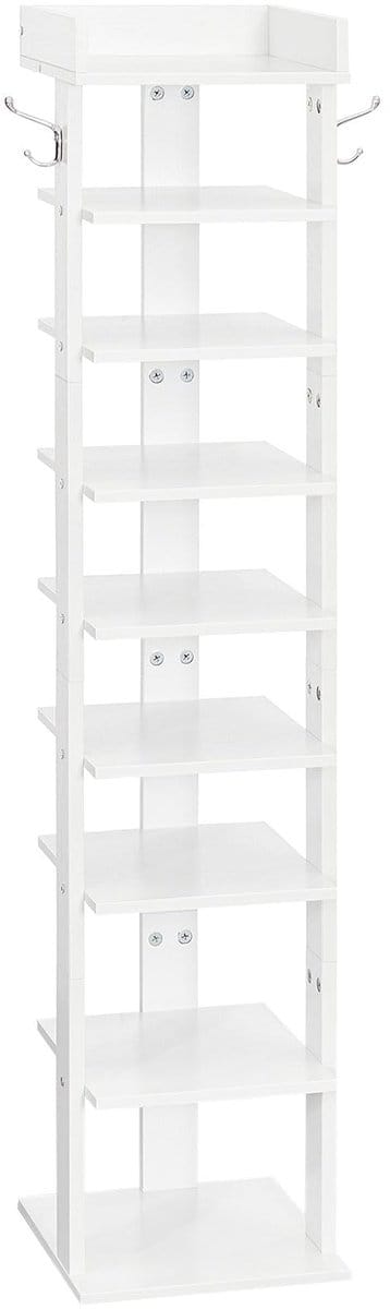 EWT81XJ01G2 smal schoenenrek, 9-laags schoenenrek, houten schoenenopberger met 2 haken, slanke schoenenplank, verticale toren voor ingang, woonkamer, wit