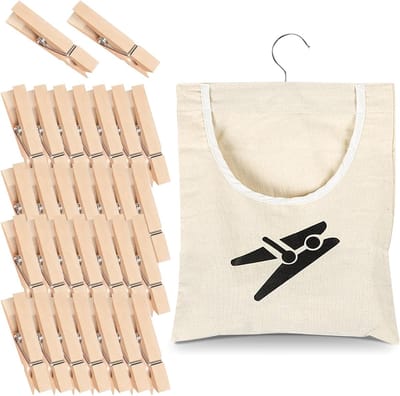 Katoenen Wasknijper Tas met Haken en 30 Houten Klemmen voor Thuis, Balkon en Reizen - 32 x 28 cm