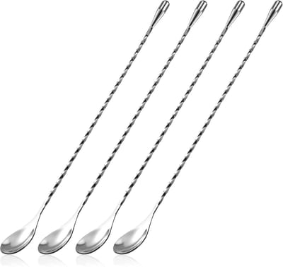 Roestvrij Staal Cocktail Lepel Lang Handvat Cocktail Roerder Spiraalpatroon Cocktail Mixlepel Professionele Cocktail Roerlepel 30 cm 4 stuks (zilver)