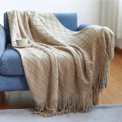 Stevige, zachte, gebreide, decoratieve deken met kwastjes voor een slaapbank, zacht, warm en comfortabel, lichtgewicht voor de lente en zomer (130 cm x 230 cm) - Khaki - 130*230CM