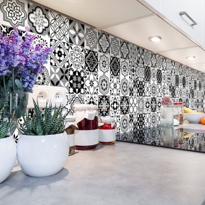 Tegelstickers voor de muur in keuken en badkamer - 30 cementtegelstickers, Azulejos Elena Design - 30 stickers, 20x20cm