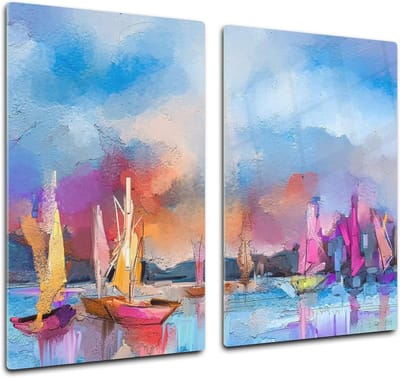 Glazen Kookplaatafdekking - Keukenbord Werkbladbeschermer - Extra Werkruimte Creëren - Breukvast Gehard Glas - 60 x 52 cm - Impressionist Seascape