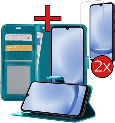 Hoesje - Met 2x Screenprotector - Geschikt voor Samsung Galaxy A25 - Luxe Pasjeshouder - Flip Case - Bookcase Portemonee - Kunstleer Book Case - Flipcase Hoes - Book Cover - Walletcase - Portemonneehoes - Telefoonhoes - Turquoise