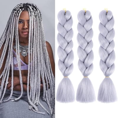longziming -Ombre Vlecht­haar 60 cm – Hittebestendig Synthetisch – 3 Bundels (300 g) – Zacht & Klitvrij – Zilvergrijs