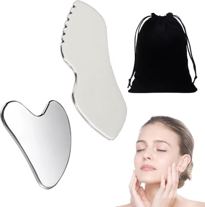 Set van 2 Roestvrijstalen Gua Sha Gezichtsmassage Tools voor Lifting, Puffiness Vermindering en Lymfedrainage