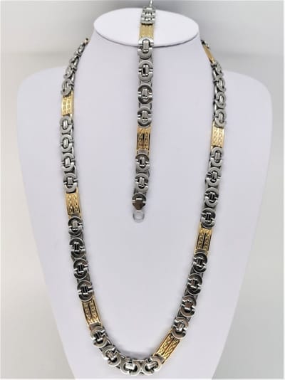 Set - RVS - koningsketting - L 70 cm - B12mm - armband - 24 cm - Bicolor - zilver en goudkleurig blok met motief