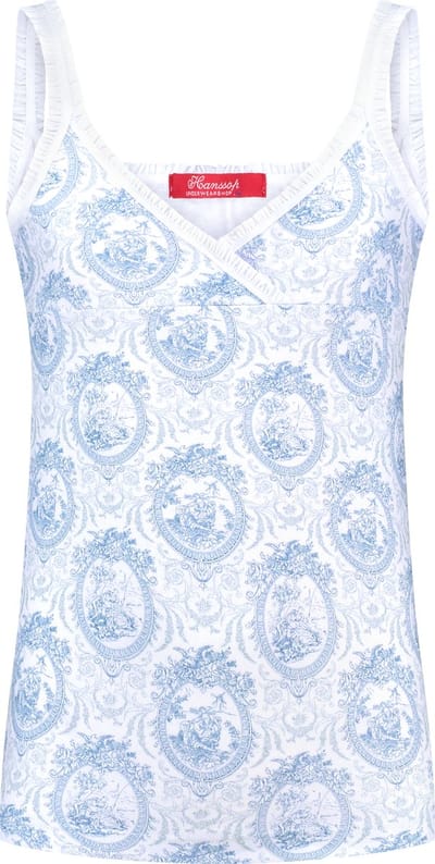 Exclusief Luxueus Kinder ondergoed Luxe mooie zacht blauwe Girly Hemdje van Hanssop met fashionable elastische rand details en in een luxe exclusieve Hanssop Blue Toile design, Meisjes Hemdje, zacht blauwe toile print, maat 116
