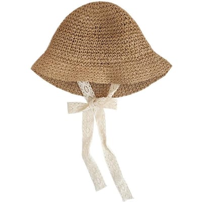 Mode Kant Babyhoed Zomer Stro Boog Baby Meisje Cap Strand Kinderen Panama Hoed Prinses Baby Hoeden en Caps voor Kinderen 1 ST 6-24Months kaki