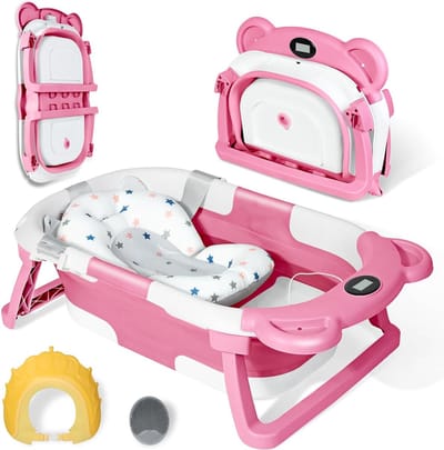 Opvouwbare babybadkuip met thermometer, praktische babybadset voor pasgeborenen met badzitje baby, babybadborstel en douchemuts voor kinderen, babybad met afvoergat, voor 0-24 maanden (roze)