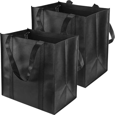 Boodschappentas, tote bag, opvouwbare boodschappentas, 2-pack, zwart, extra grote tote bag met handvatten, 38 x 32 x 25 cm, boodschappentas met lange handvatten, perfect als tote bag, stoffen tas, damesboodschappentas,